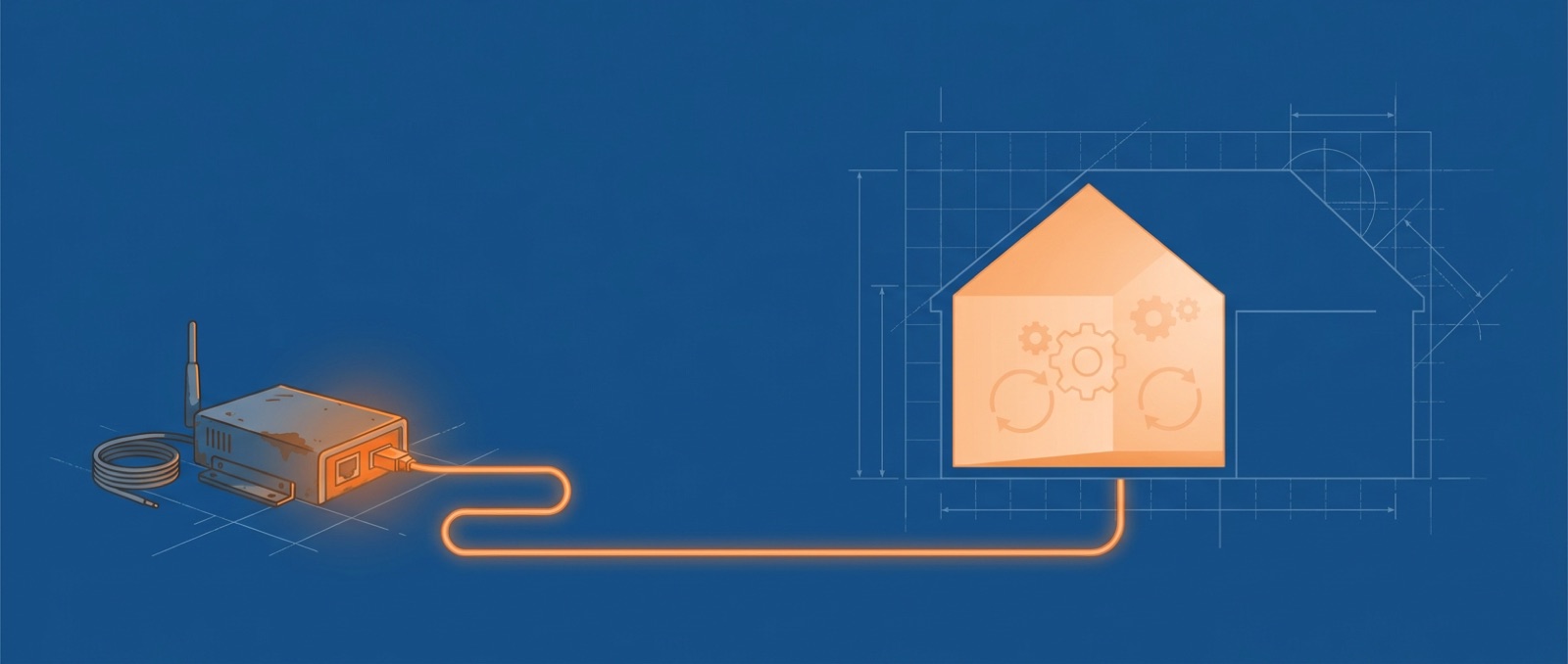 Blueprint-style illustration: a small data logger box with an antenna on the left, an orange cable running from it to a house outline on the right, with gears and loop arrows drawn inside the house.